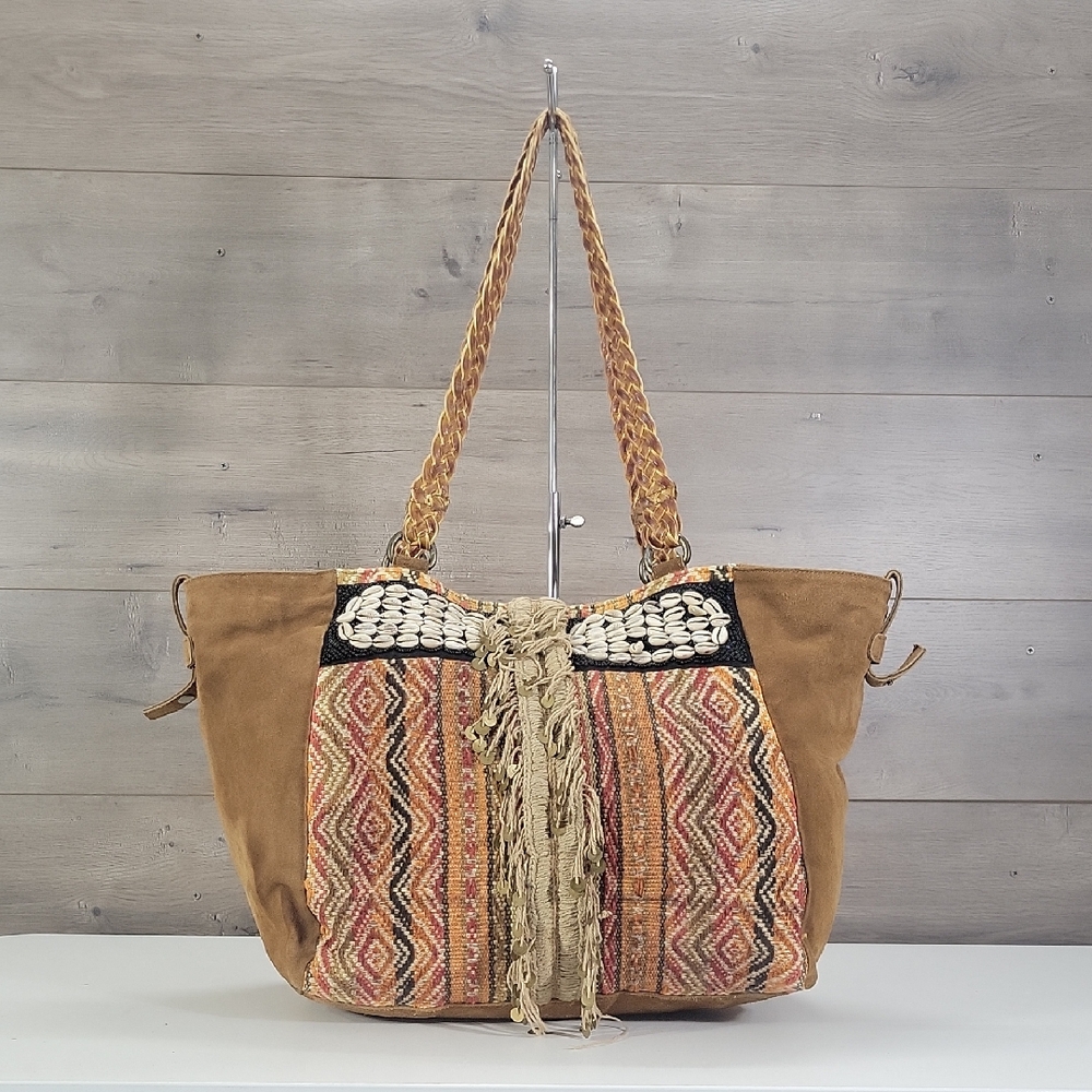 Free People Shell Boho Woven Fringe Leather Tote Shoulder Bag Hobo Purse